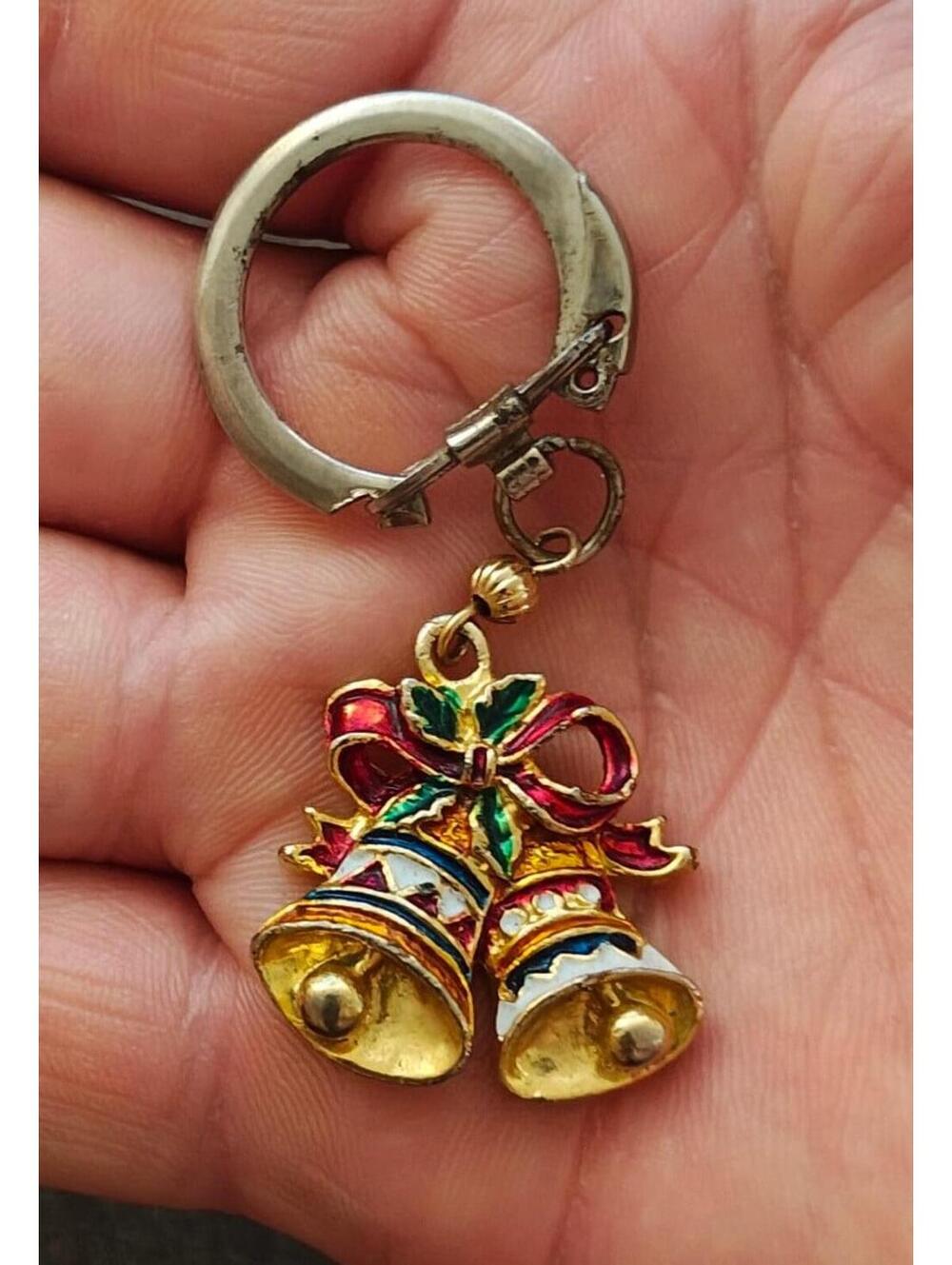 1980s Gold Tone With Red White & Green Enamel Christmas Bell Keychain